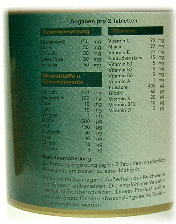 Inhalt der Multi-Vitamin- und Mineral Tabl. mit Charismon®